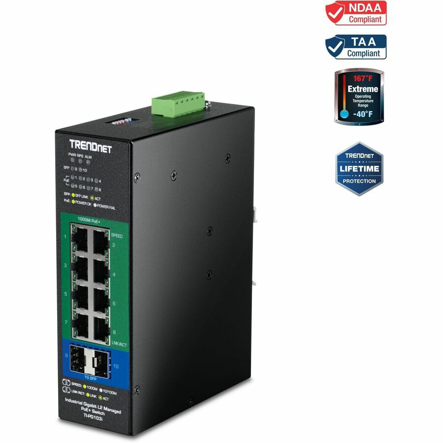 TRENDnet 10-Port Industrial Gigabit L2 Managed PoE+ DINRail Switch 24 - 57V, TI-PG103i, 8 x Gigabit PoE+ Ports, 2 x SFP