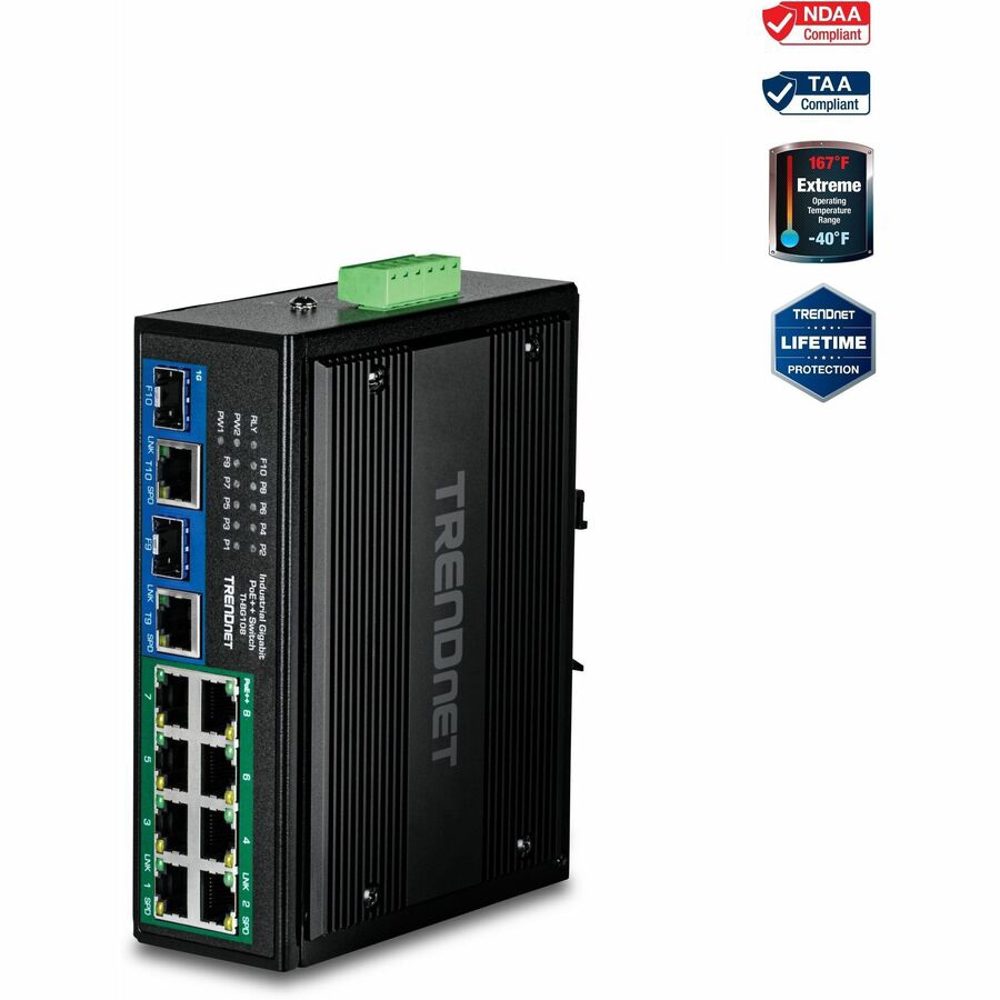 TRENDnet 10-Port Industrial Gigabit 400W PoE++ DIN-Rail Switch, TI-BG108, 8