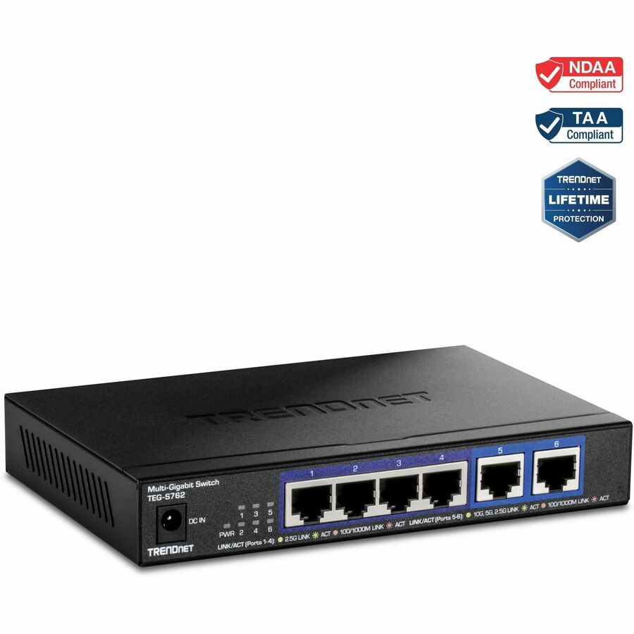 TRENDnet 6-Port 10G Switch, 4 x 2.5G RJ-45 Base-T Ports, TEG-S762, 2 x 10G