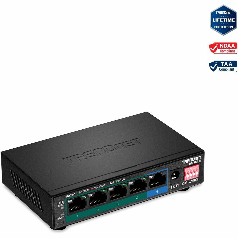 TRENDnet 5-Port Gigabit PoE+ Switch, Camera DIP Switch extends PoE+ 200m (6