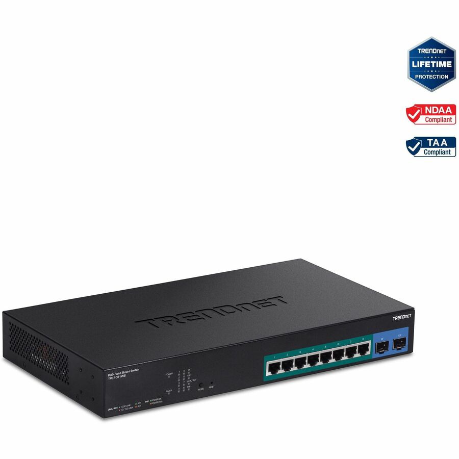 TRENDnet 10-Port Gigabit Web Smart PoE+ Switch with 8 Gigabit PoE+ Ports, 2