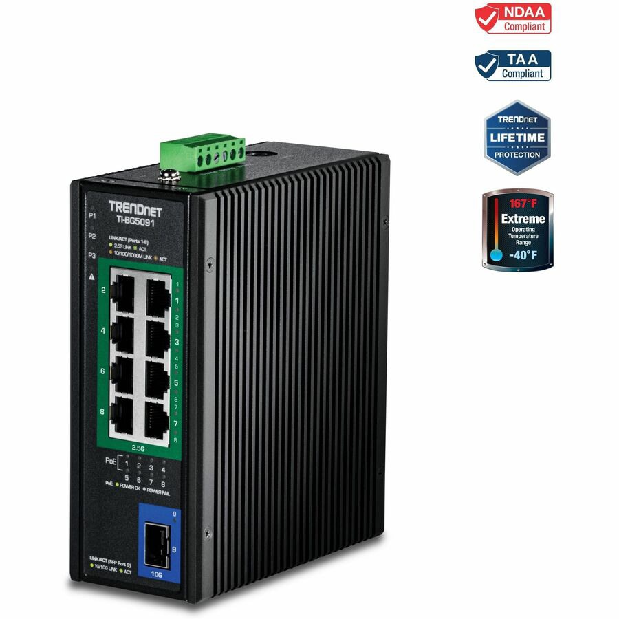 TRENDnet 9-Port Industrial 2.5G DIN-Rail PoE++ Switch with 10G SFP+ Port, T