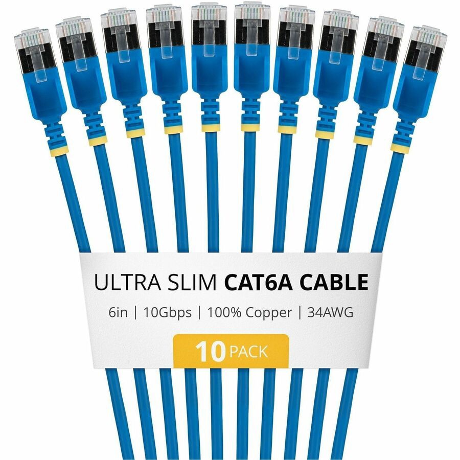 StarTech 6in Blue Ultra Slim Cat6A Ethernet Cable, 10 Pack, Snagless, FTP,