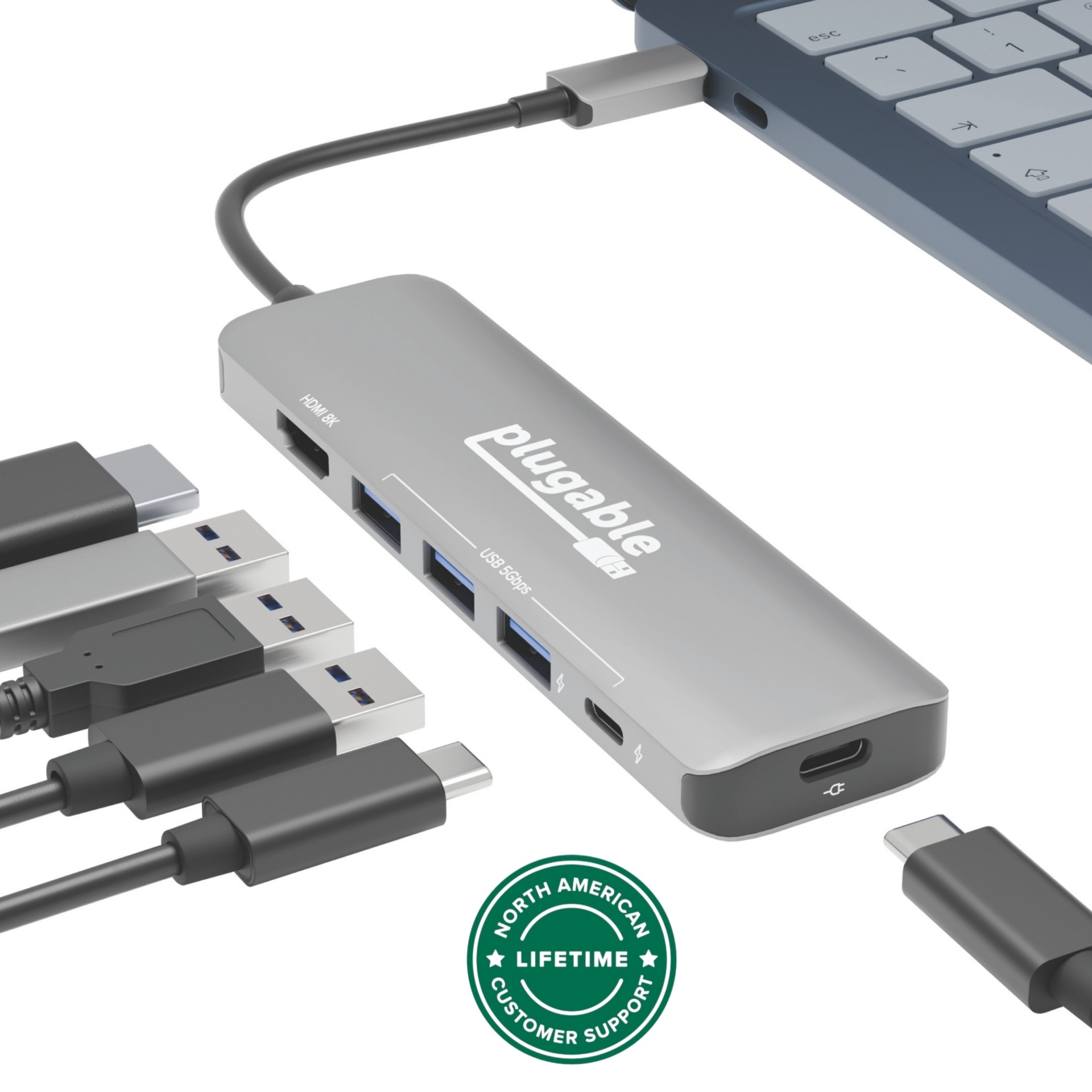 Plugable 6-in-1 USB-C Hub Multiport Adapter, 4K 144Hz 8K HDMI 2.1, 3x USB-A + USB-C 5Gbps, 100W PD Pass-Through