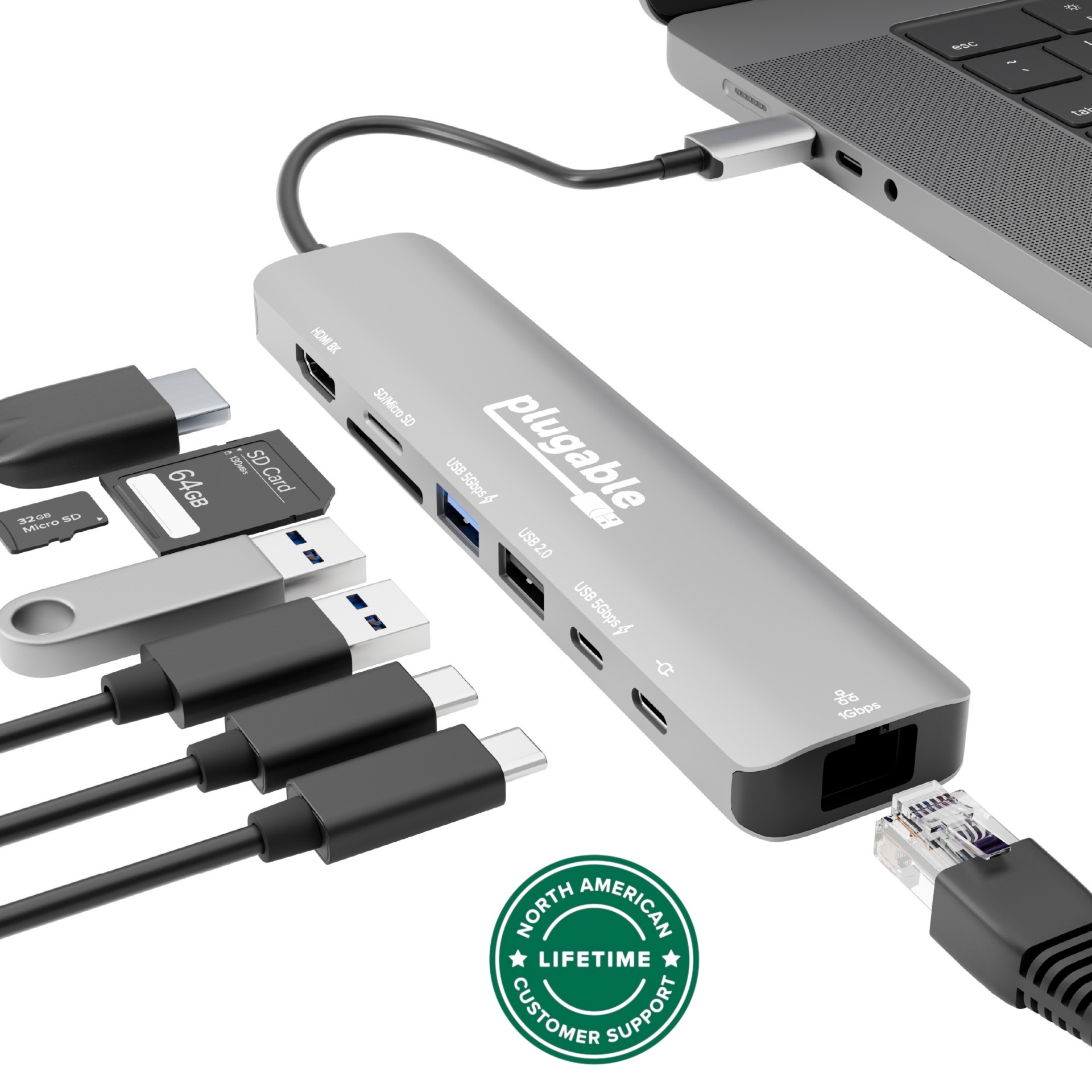 Plugable USB-C 8-in-1 Hub, Driverless 8K HDMI, 100W Pass-Through Charging, Gigabit Ethernet, Dual SD/microSD Reader