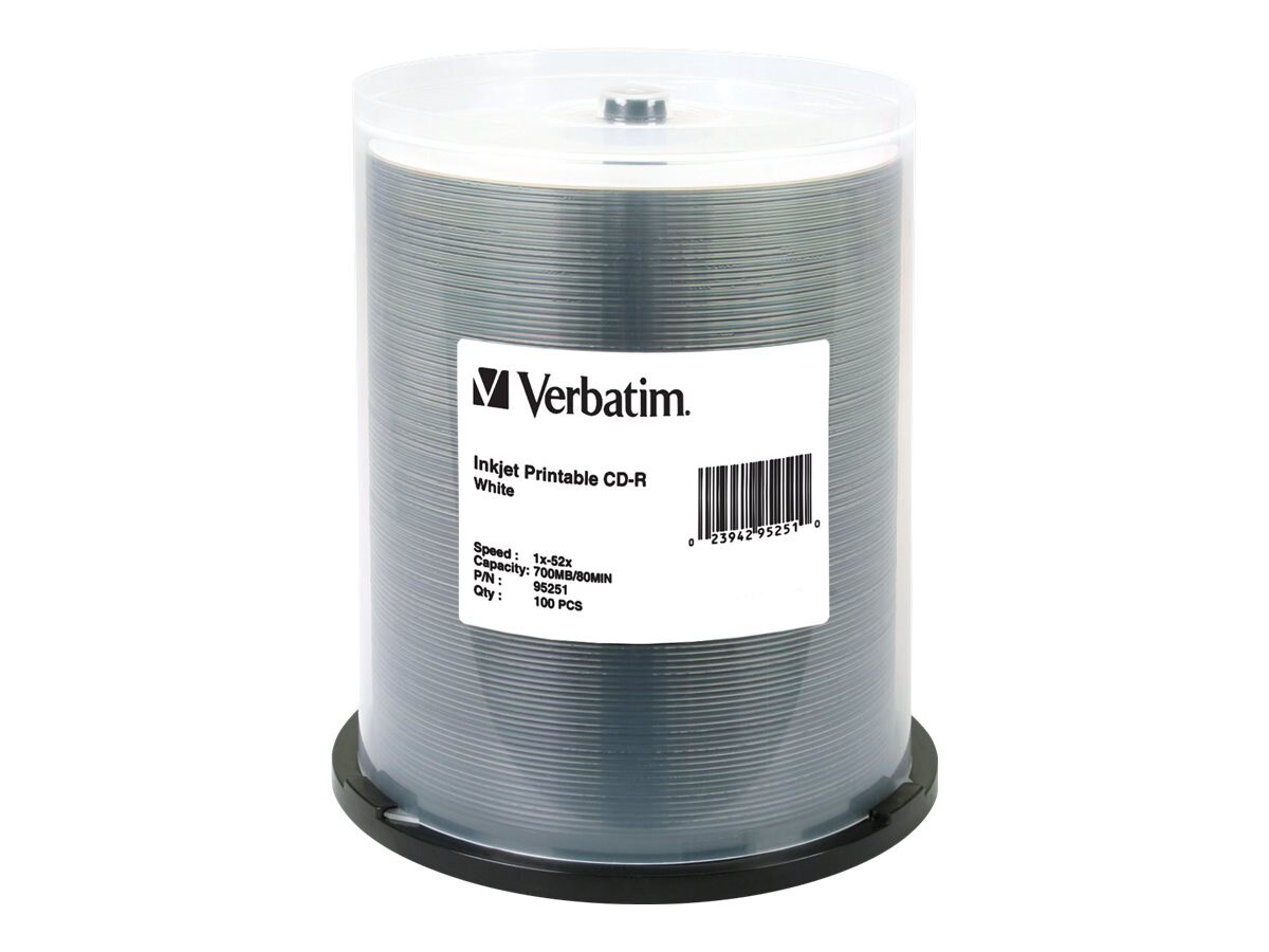 Verbatim 100 Pack CD-R White Printable Spindle Media