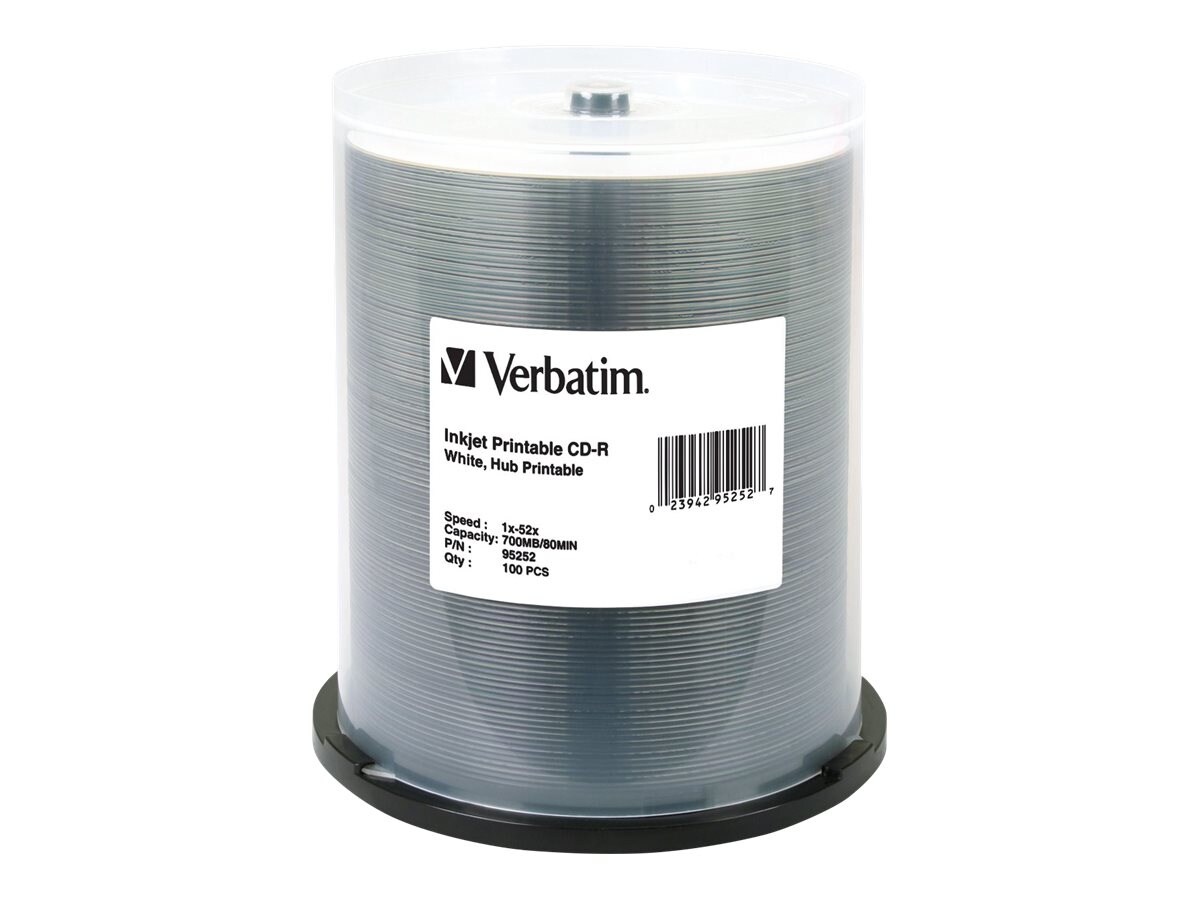 Verbatim White Inkjet Printable CD-R 52X 700 MB 100 Pack Spindle