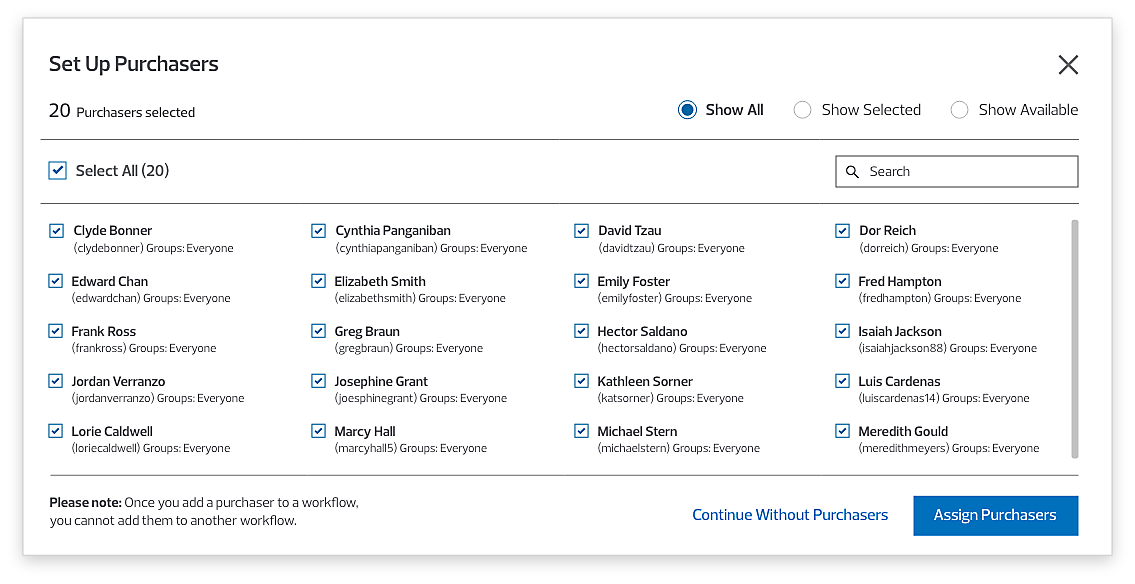 Image of Purchase Authorization System Setup - Select Purchasers Interface
