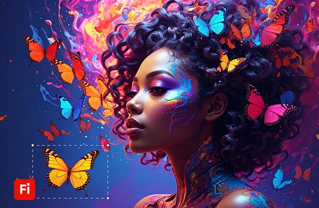 thumbnail image for Adobe Firefly featuring a colorful abstract image of a woman with butterflies in her hair