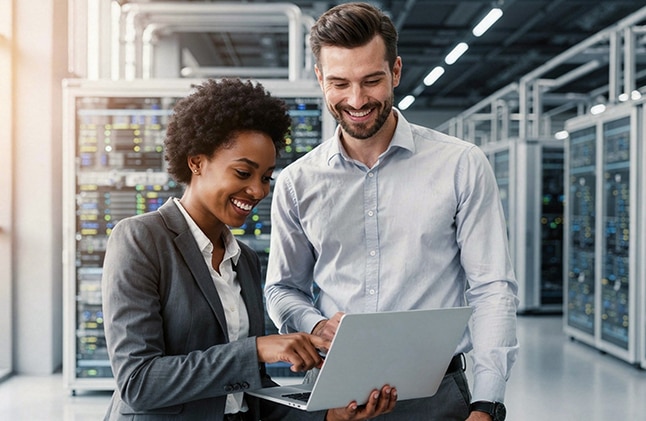thumbnail image featuring two IT Specialists inside a data center sharing a laptop computer