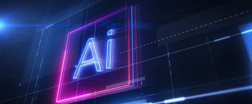Glowing AI lettering within a neon frame on a digital grid interface
