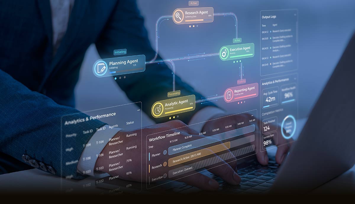 Person using laptop with digital workflow dashboard showing connected AI agents