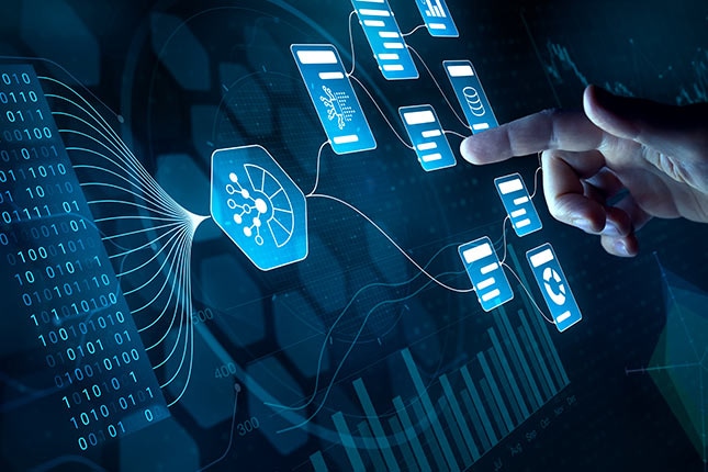 ALT TEXT  Hand interacting with AI workflow automation interface and connected process nodes