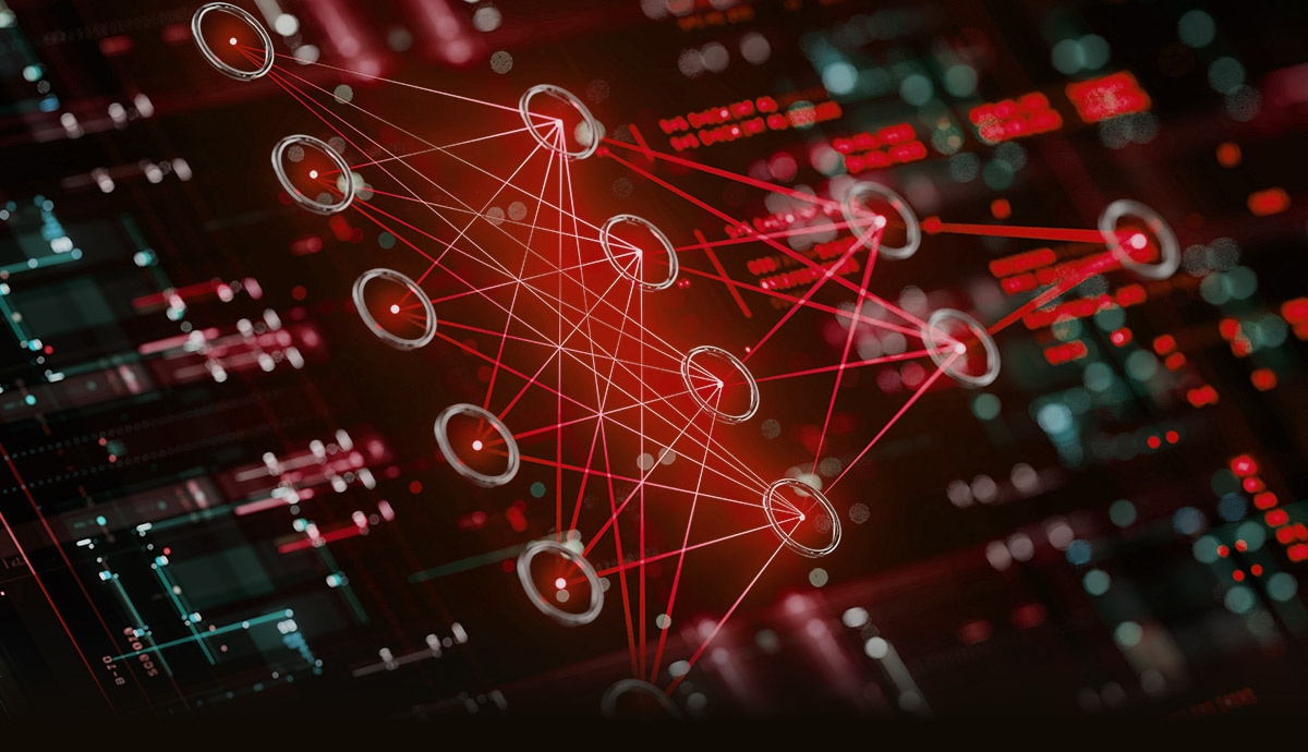 Enterprise data network visualization showing connected information nodes and intelligent data relationships across a digital platform