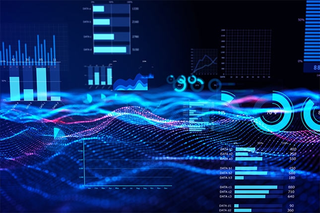 Business analytics dashboard with KPI charts and trend lines measuring investment performance and business impact.