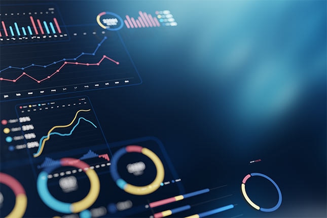 Digital data visualization with financial charts and performance metrics used to track AI spending and consumption.