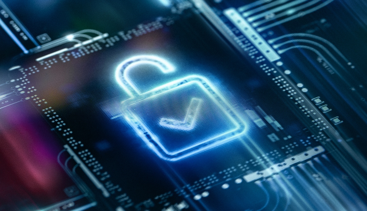 Abstract digital AI security lock.