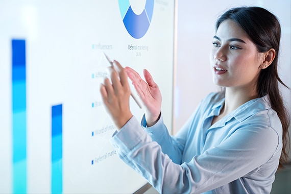 thumbnail image of a woman presenting ROI analytics on a digital whiteboard