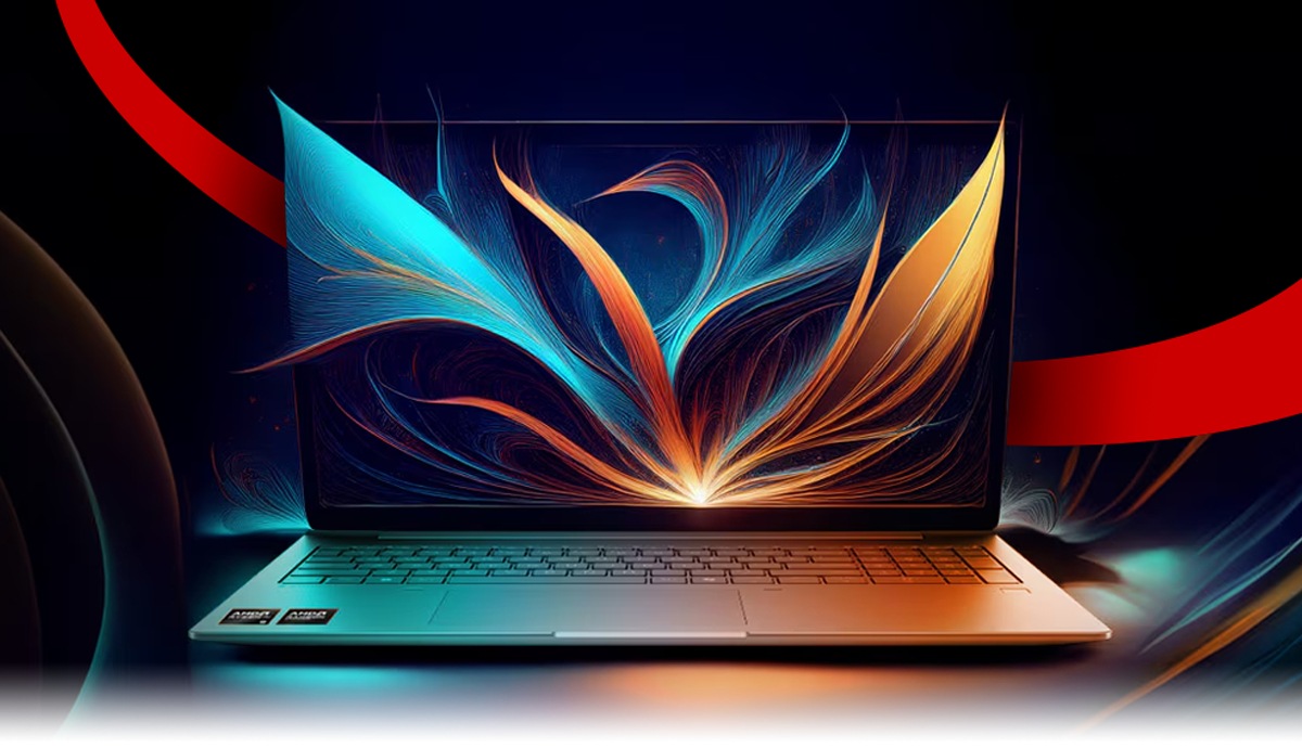 abstract banner image featuring a AMD AI powered laptop