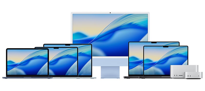 Apple Studio Display, AirPods, Apple Keyboard, Magic Mouse, and accessories.