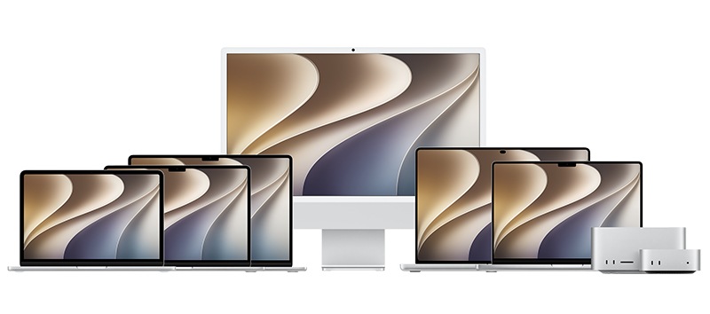 Apple Studio Display, AirPods, Apple Keyboard, Magic Mouse, and accessories.