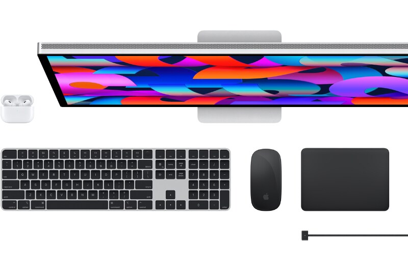 Apple Studio Display, AirPods, Apple Keyboard, Magic Mouse, and accessories.