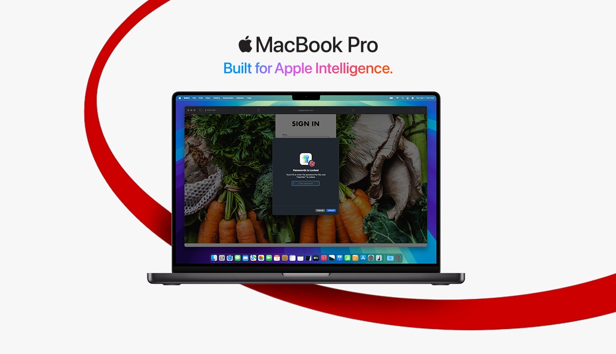 Apple MacBook Pro product hero of a laptop with a red orbital behind it