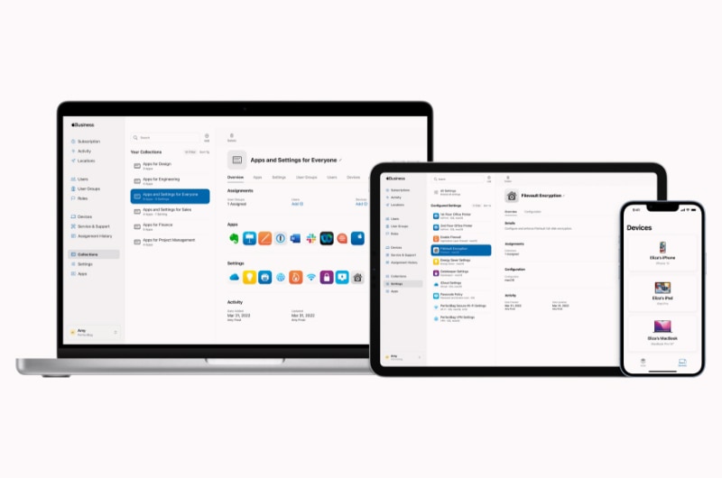 Apple Business Essentials screens on various Apple products.