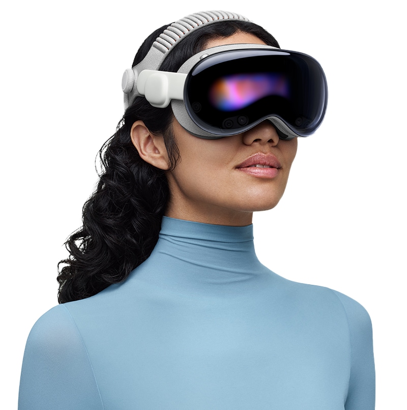 image of a woman wearing the Apple Vision Pro headset