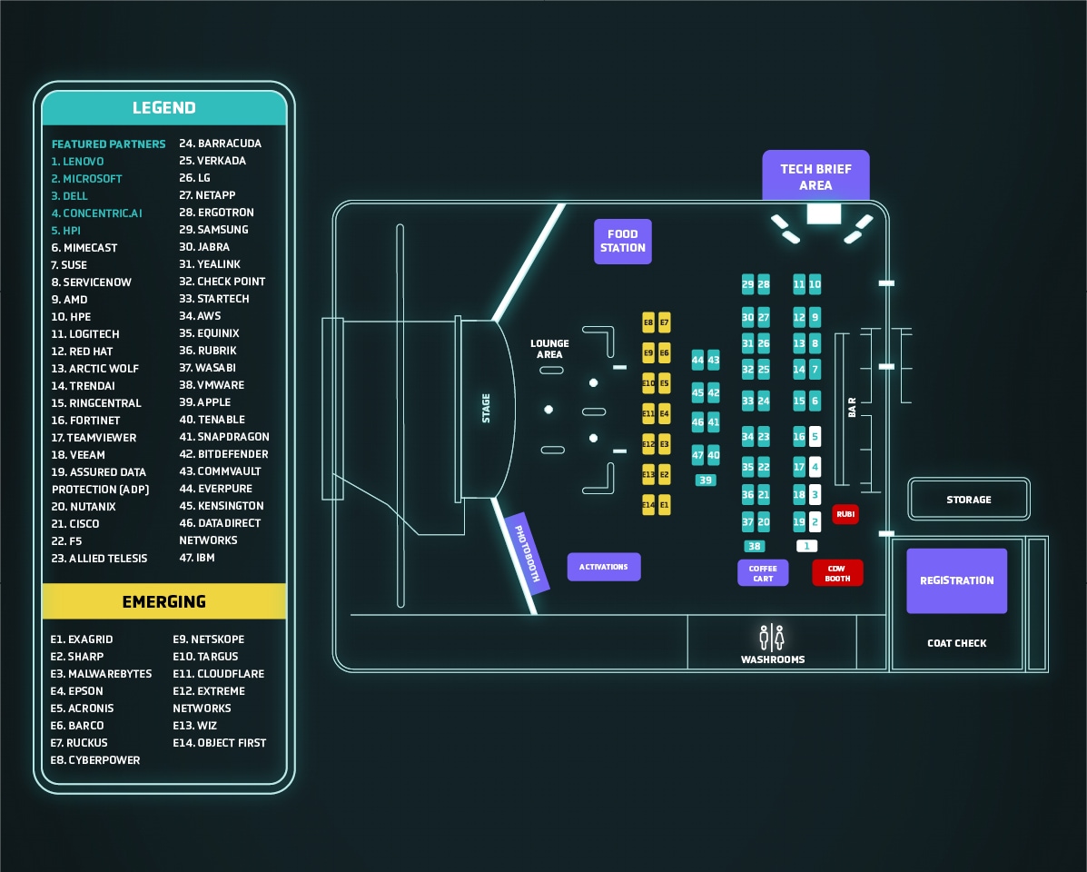 BTEX West expo floorplan for the Commodore Ballroom, showing 46 numbered partner booths, the stage, CDW Booth, registration, three food stations, three bars, coffee bar, Tech Brief Area on Level 2, games, photo booth, coat check and washrooms.
