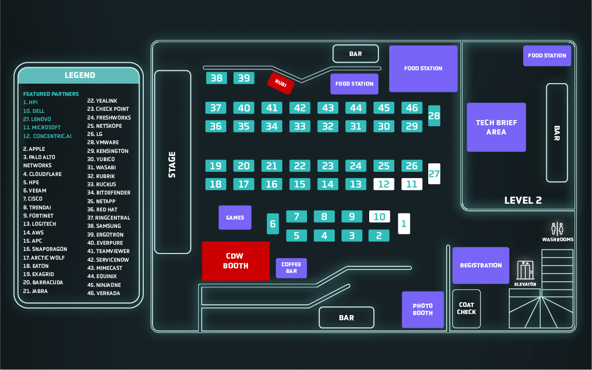 BTEX West expo floorplan for the Commodore Ballroom, showing 46 numbered partner booths, the stage, CDW Booth, registration, three food stations, three bars, coffee bar, Tech Brief Area on Level 2, games, photo booth, coat check and washrooms.