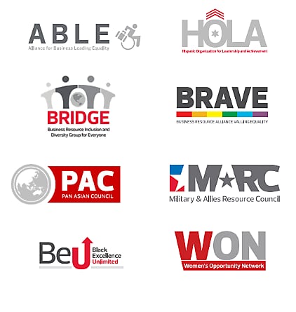 he ABLE BRG logo, which depicts the acronym ‘ABLE’ in gray lettering and features a drawing of a person with a briefcase in a wheelchair next to the words “Alliance for Business Leading Equality; the HOLA BRG logo, which includes the acronym ‘HOLA’ in gray lettering, with the letter O featuring a gray star and red arrows Hispanic Organization for Leadership and Achievement is written at the bottom; he BRIDGE logo, which includes drawings of four people in different shades of gray linking their arms above a globe. The acronym “BRIDGE” is featured in red lettering below, as is the group’s full name, “Business Resource Inclusion and Diversity Group for Everyone; he BRAVE BRG logo is spelled in black letters as a rainbow stripe divides the acronym and the group’s full name, “Business Resource Alliance Valuing Equality”; the PAC BRG logo, which includes a gray globe featuring the Asian continent to the left of the acronym ‘PAC’ and the group’s name, “Pan Asian Council” in white letters with a red backdrop”; The MARC BRG logo, which includes the MARC acronym decorated with a a blue and red-striped outline of a star, with an additional star in the negative space of the “A.” The BRG’s full name - Military & Allies Resource Counci – is written in gray letters below; The Black Excellence Unlimited BRG logo, which includes “Be” in black with an arrow-shaped “U” in red; he WON BRG logo, which includes “WON” in red and grey lettering situated above the group’s full name, ‘Women’s Opportunity Network”