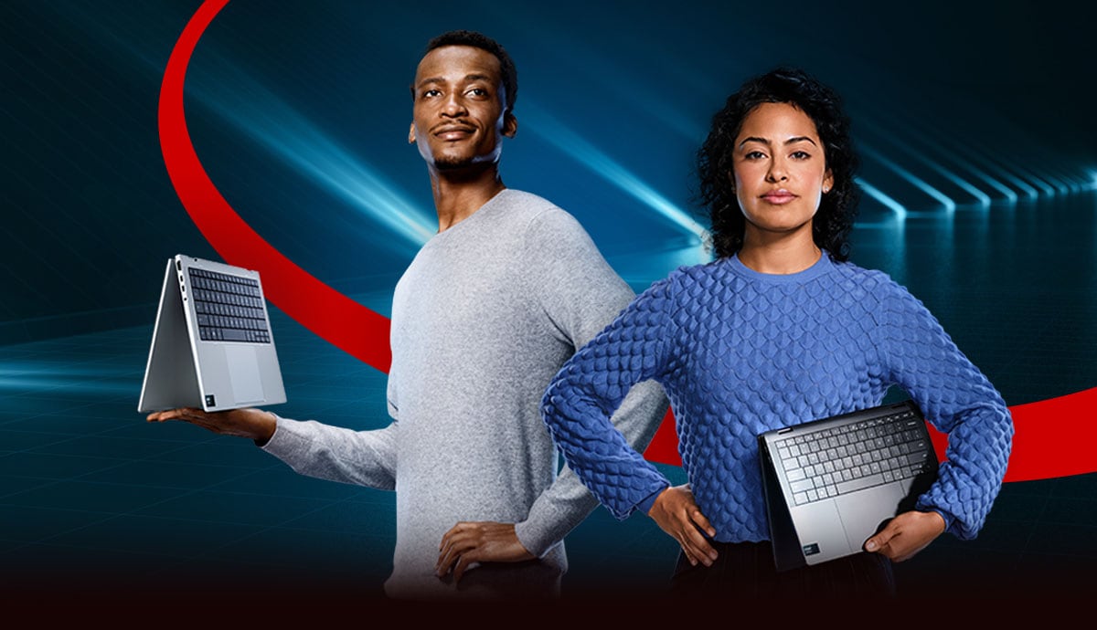 Man and woman holding Intel products with CDW red orbital