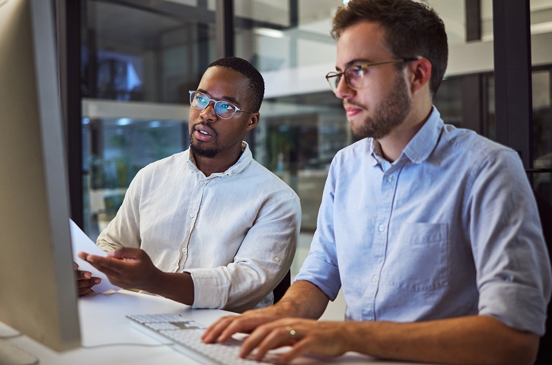 Two colleagues in an office working at a computer, discussing data on the screen.