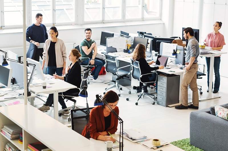 Open-plan office with multiple employees working at desks and casually interacting.