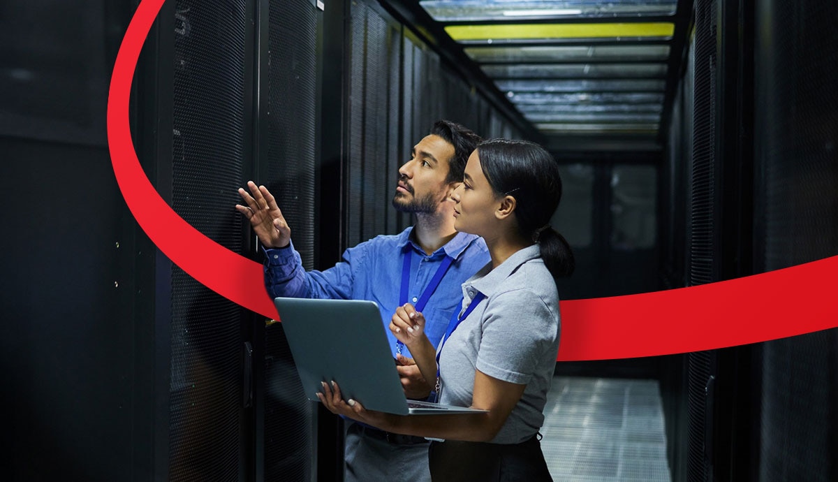 People, server room and engineering teamwork, inspection and tablet for cybersecurity, power or coding solution. Electrician man and woman or manager show or check data center with digital technology 