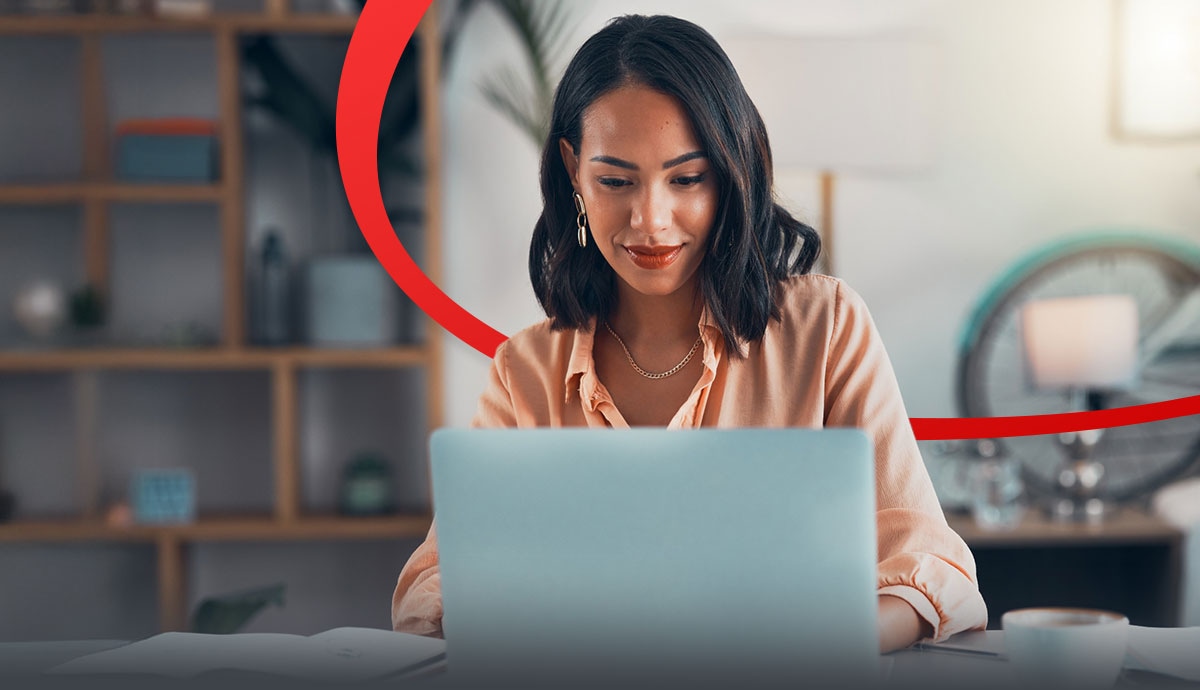 Professional woman browsing upcoming training courses on a laptop, with CDW red orbital design symbolizing career growth and learning opportunities.