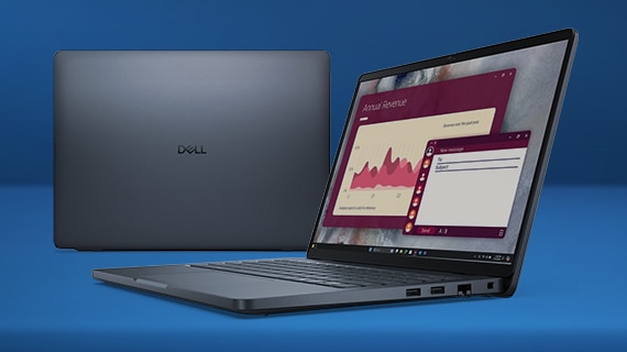 Intel laptop in a dark blue studio space.