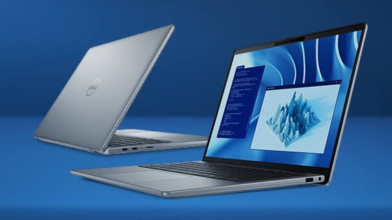 Dell snapdragon laptop open in dark blue studio space.