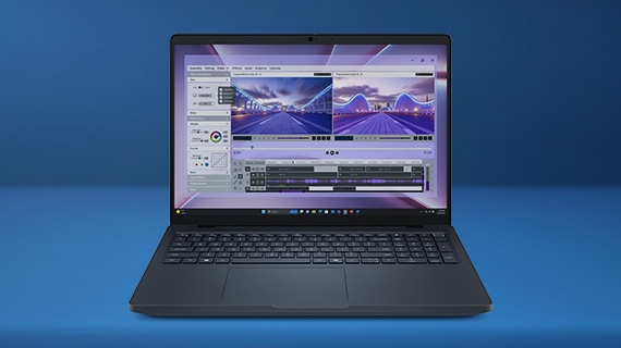 NVIDIA laptop open and facing forward in a dark blue studio space.