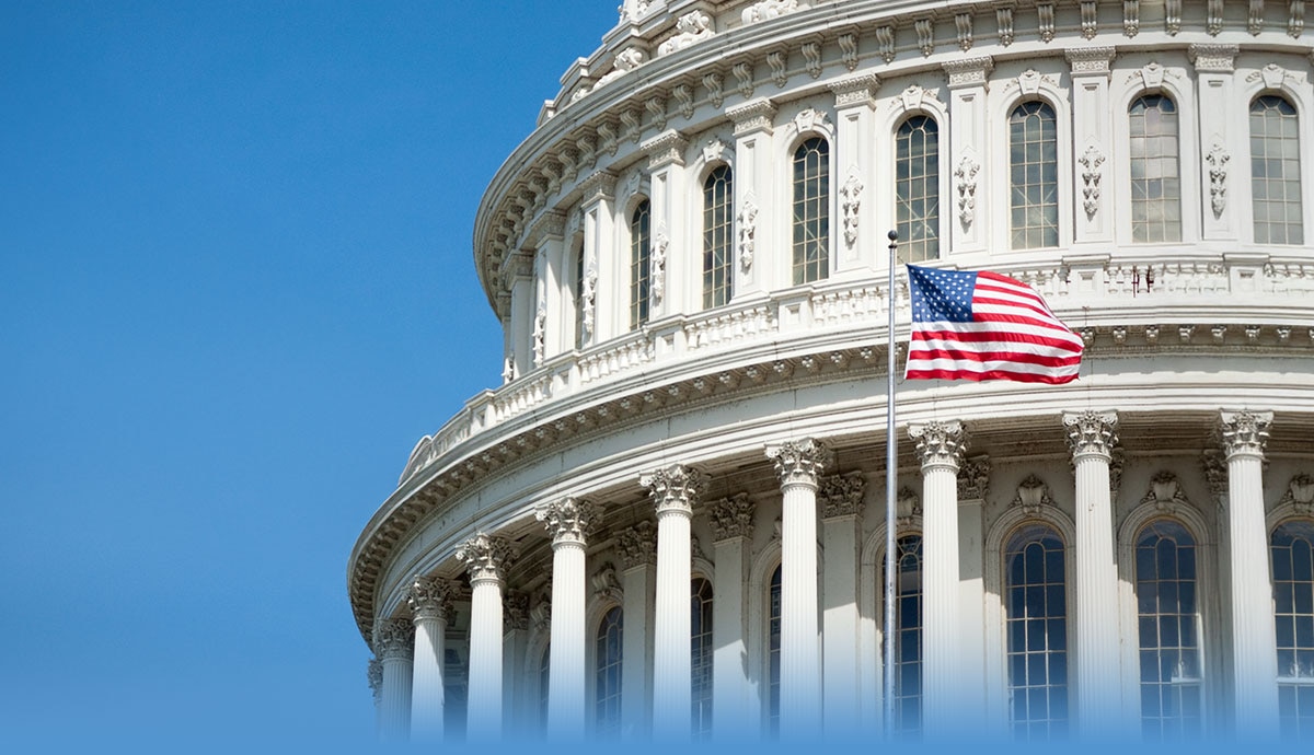 Flag waving in front of U.S. Capitol in Washington, D.C.