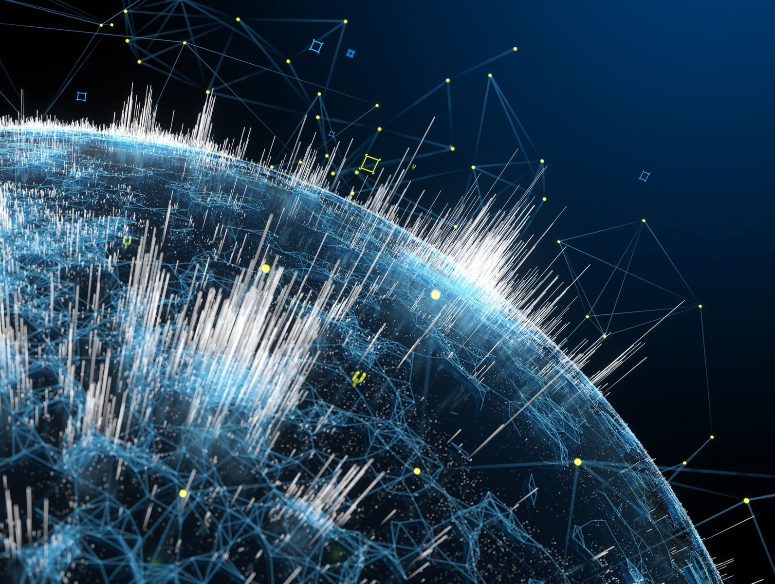 A Fictional holographic view of earth showing various networks and inter-connects as bars and triangle nets.