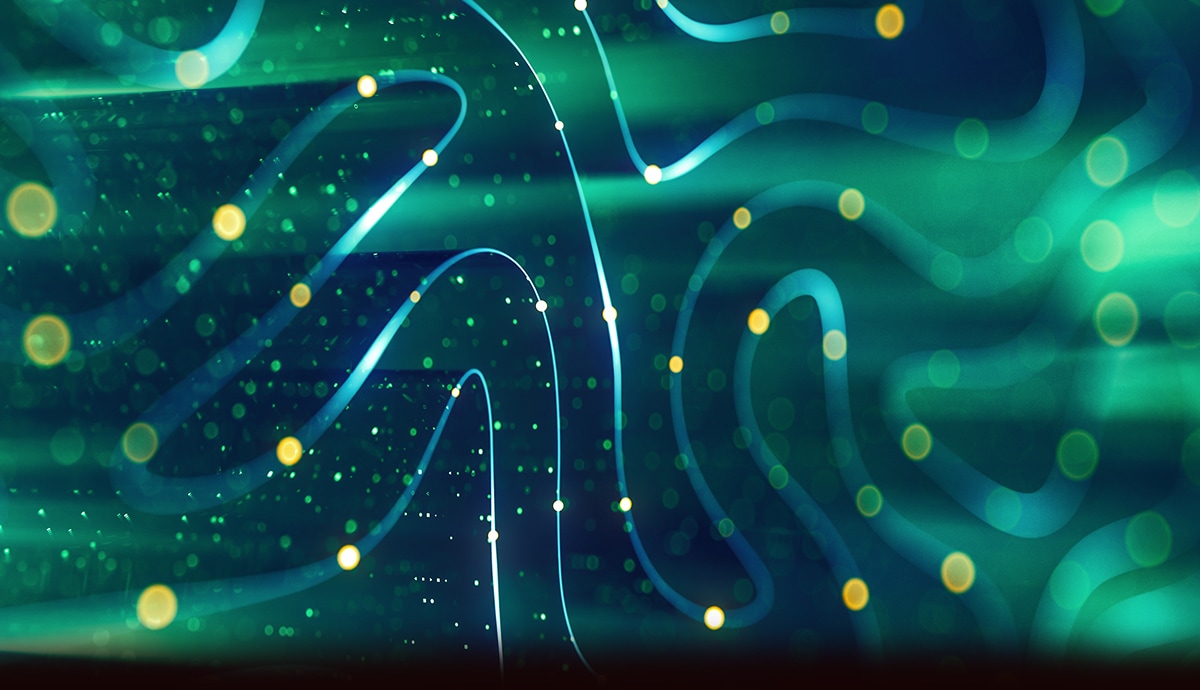 Abstract green and blue background with glowing curved lines and scattered yellow light orbs.