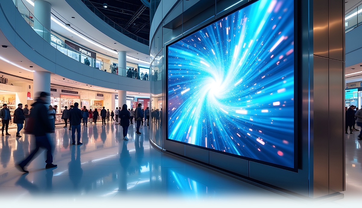 Busy mall with large glowing digital display screen.