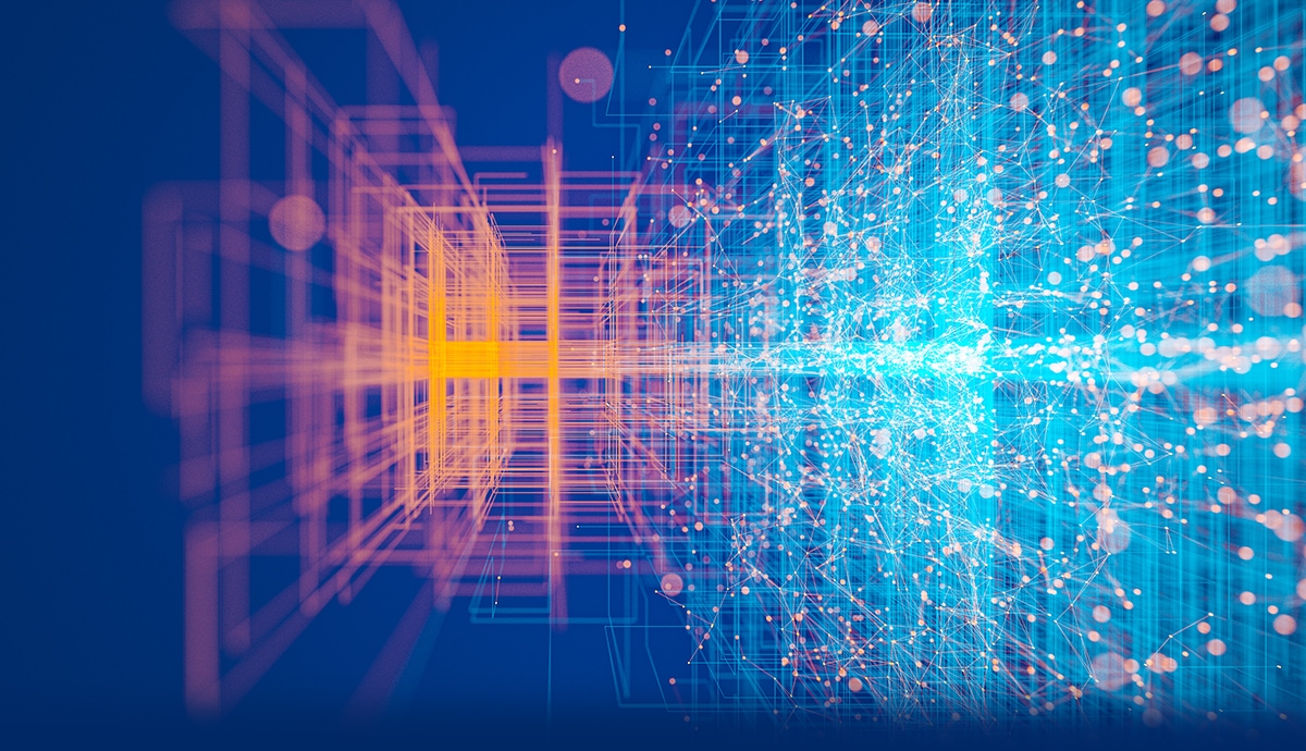 Digital abstract of interconnected data nodes and glowing blue networks.