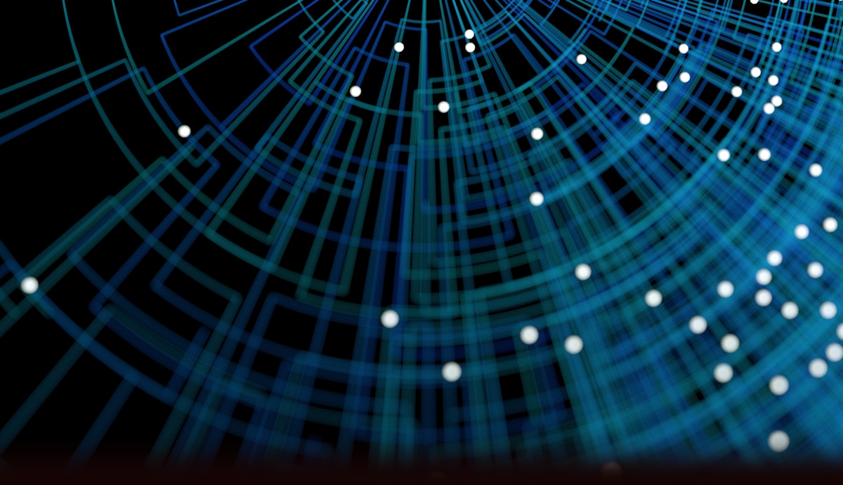 Abstract digital pattern with curved blue lines and white nodes on a black background.