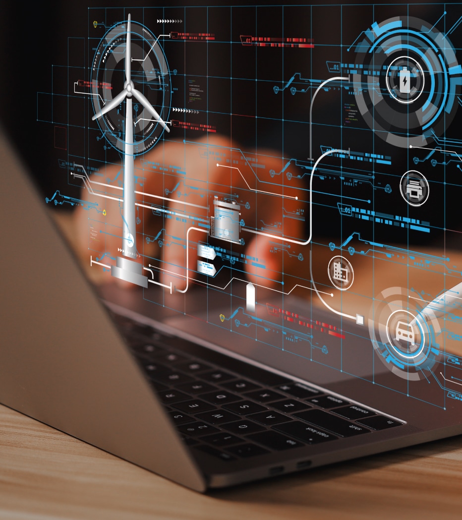 Modern IT infrastructure visualized with digital data connections over a laptop
