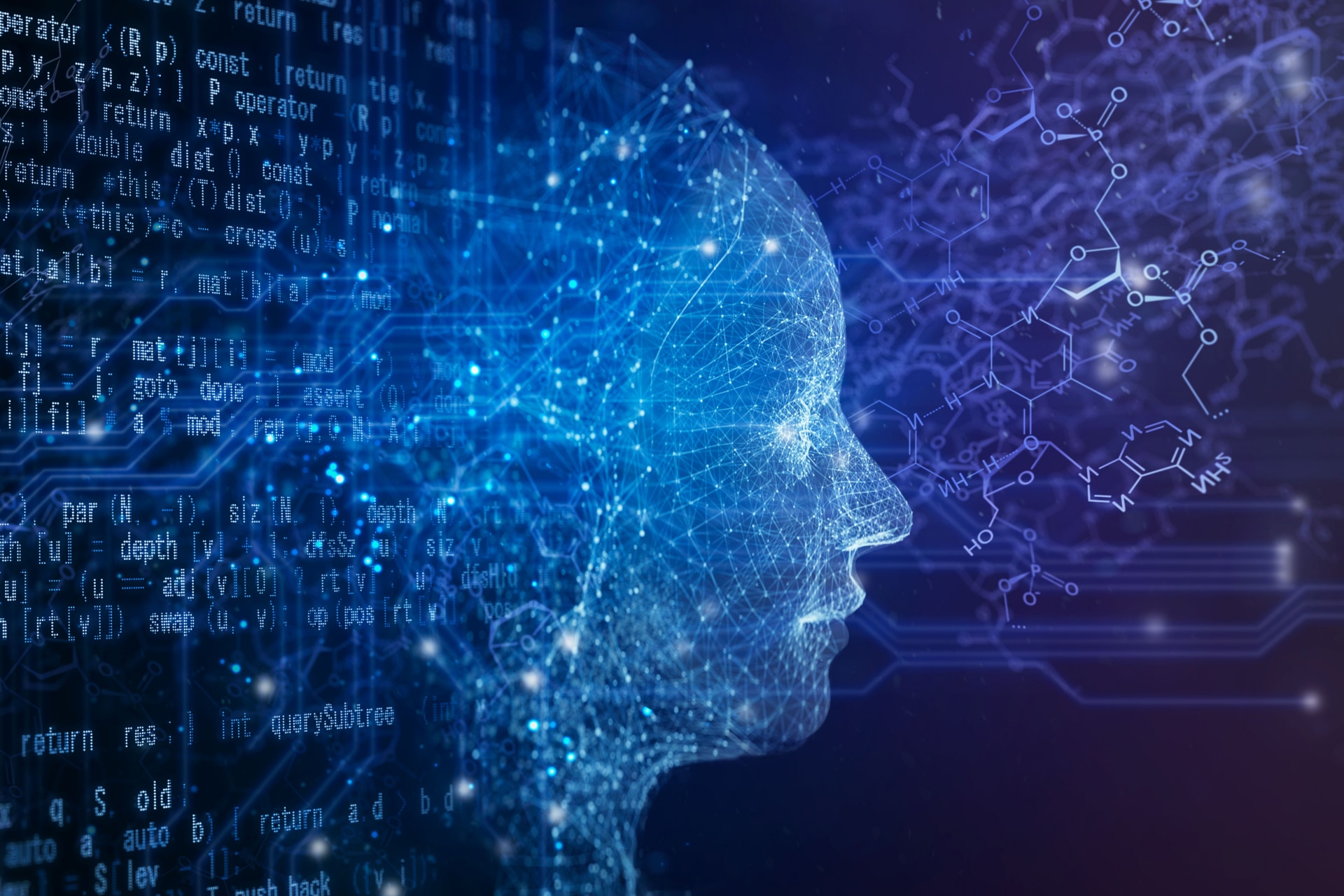 AI robot with circuit, chemical structure and program code on a black background.