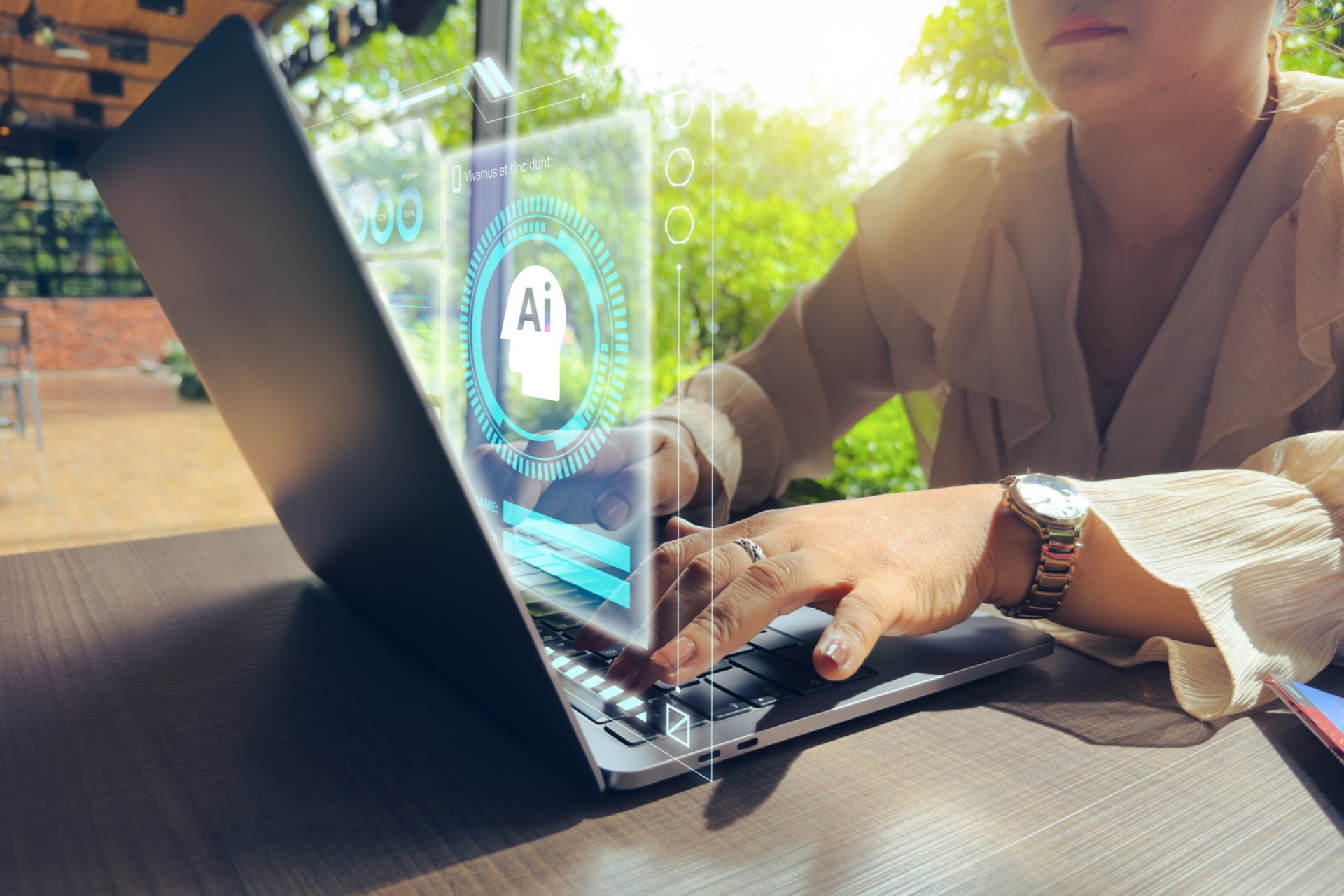 The woman is interacting with an AI-powered chat assistant on her laptop screen. The setting conveys productivity, innovation, and digital communication. Perfect for themes such as artificial intelligence, remote work, tech-savvy users, virtual assistants, and the future of human-computer interaction.