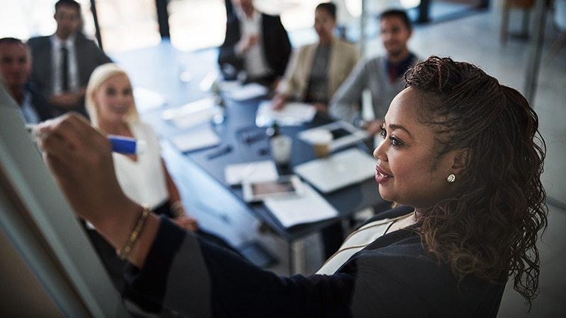 image of a woman drawing on a dry erase board during a team meeting